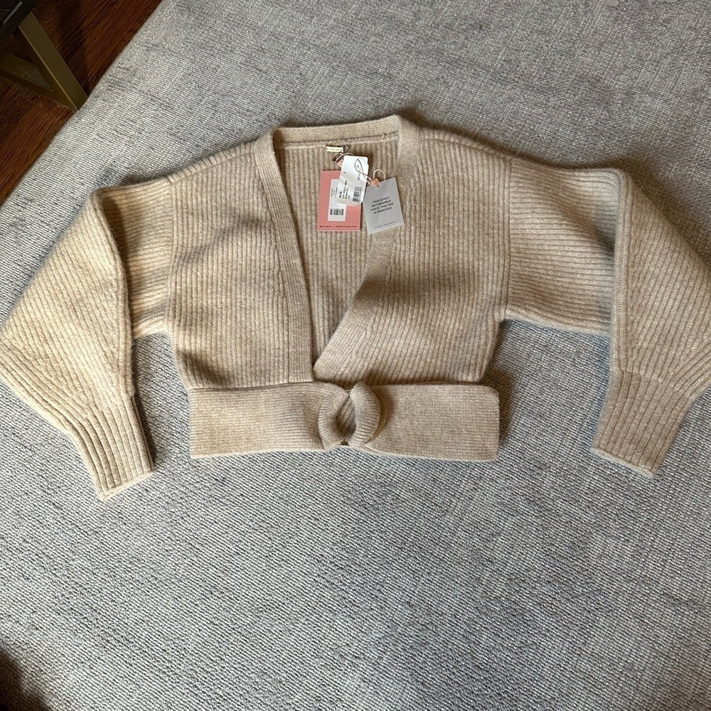 Cult Gaia Tully Wrap Sweater Beige Alpaca Wool Ribbed Knit Cropped KC1987YO XS